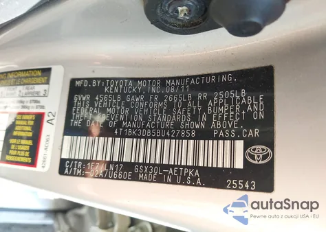 2011 Toyota Avalon Limited z USA, uszkodzony, nr VIN 4T1BK3DB5BU427858